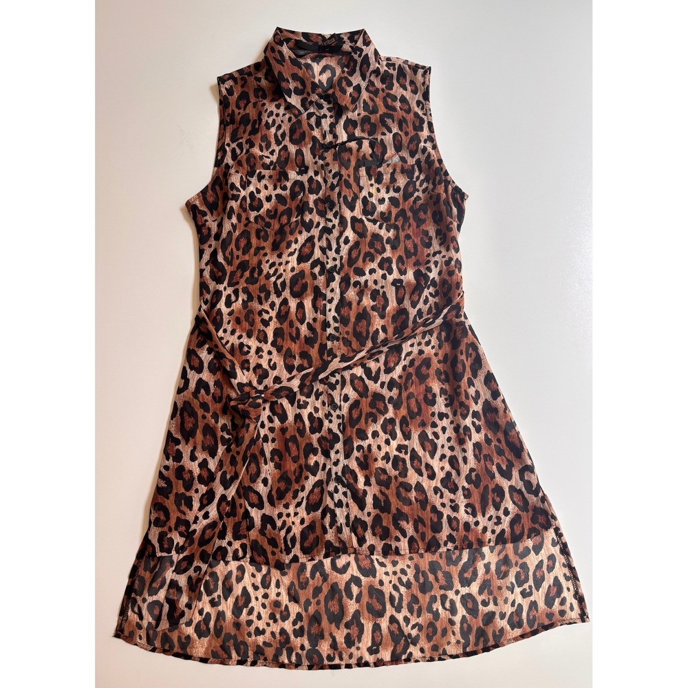Ali Kris Leopard Print Sleeveless High Low Shirt Dress NWT Brown Animal Print L